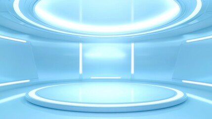 A futuristic, minimalist studio space with blue lighting and smooth surfaces.