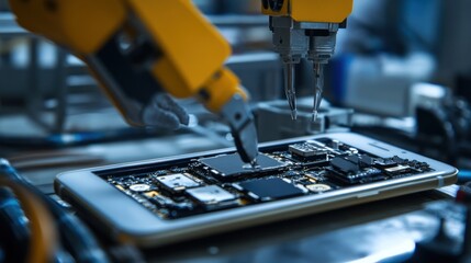 Robotic arms assembling components on a smartphone's circuit board in a factory setting.