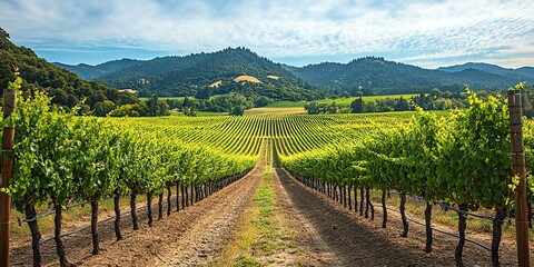 Fototapeta premium A picturesque view of rows of grapevines, with mountains in the background.