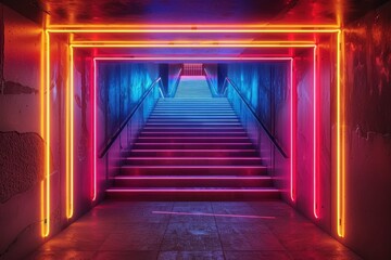 A neon colored stairwell with a bright orange and red light