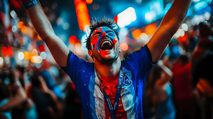 Obraz premium Man with Face Paint Cheering in a Crowd - Photo