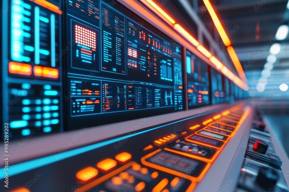 Poster a futuristic control panel with glowing buttons and screens displaying data in vibrant colors, showc
