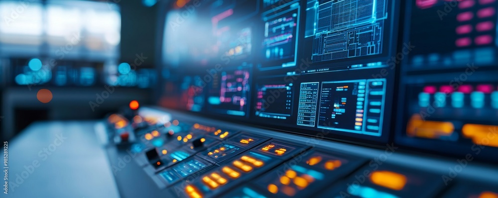 Poster close-up of a high-tech control panel with glowing interfaces and buttons, showcasing modern design 