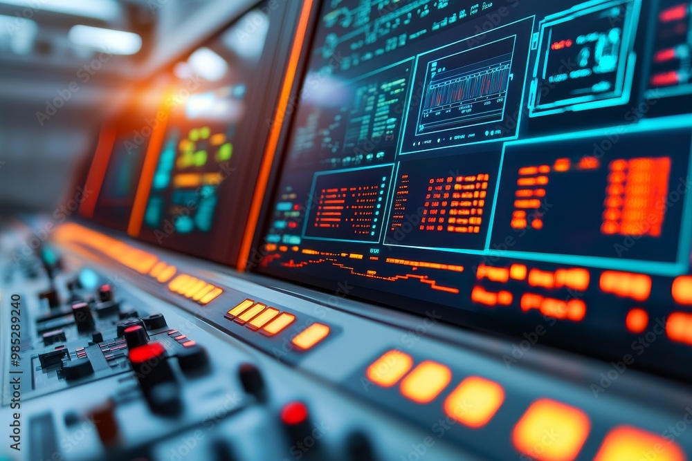 Poster close-up of a modern control panel with digital displays and buttons, featuring vibrant lights and g