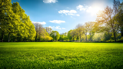 Green Grass Field with Trees and Blue Sky - Photo