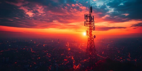 Innovative Telecommunication Signal Technology Illuminating the Dramatic Cityscape at Dusk