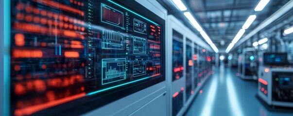 Modern data center with illuminated panels and high-tech server racks. Futuristic environment showcasing advanced computing technology and network infrastructure.