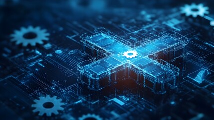 Interconnected Medical Cross with Innovative Gears Symbolizing Healthcare System Efficiency