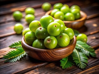 Fresh Amla fruits rest on a wooden table, showcasing their vibrant green skin and succulent interiors, embodying the