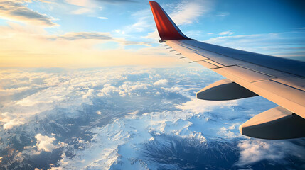 Fototapeta premium Airplane Wing Over Snowy Mountain Landscape Photo
