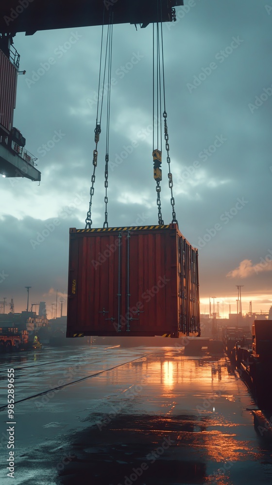 Poster A red shipping container is being lifted by a crane at a port with a sunset in the background.