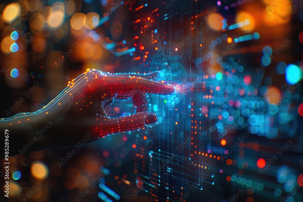 Poster a hand pointing at a screen with a blue and red background