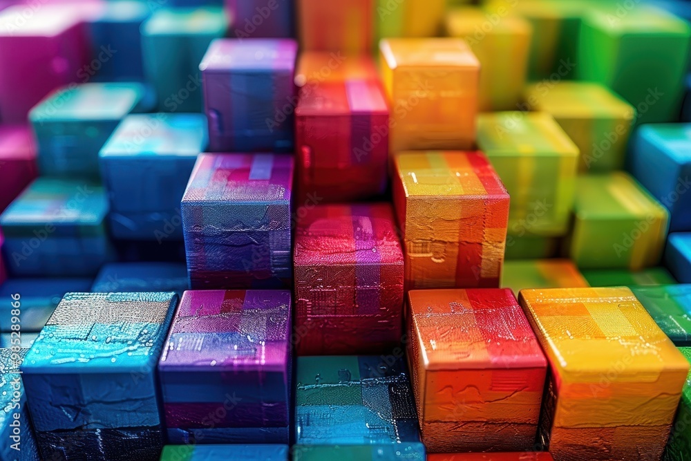 Poster A colorful stack of cubes with a rainbow pattern