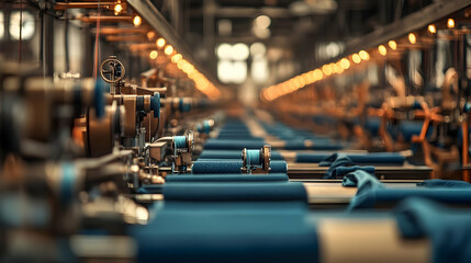 Obraz premium Industrial Machine Row with Blue Fabric - Realistic Image