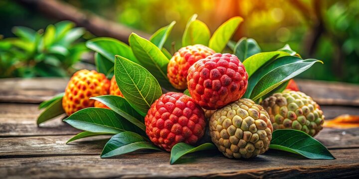 Freshly picked ashta fruit arranged on a rustic wooden table, surrounded by lush green leaves, showcasing a beautiful,