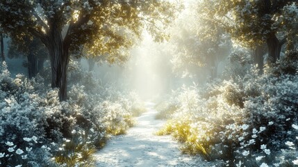 Serene forest path illuminated by soft sunlight and blooming flowers.