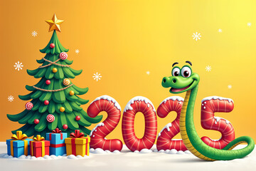 Vibrant Christmas scene with a green snake and a number 2025, standing next to a small Christmas tree adorned with colorful ornaments and presents.