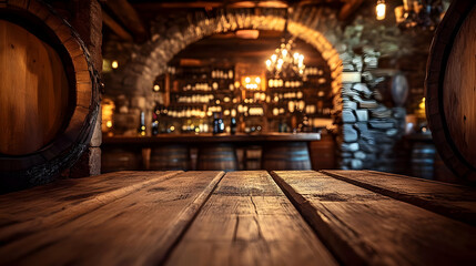 Obraz premium Wooden Table In Rustic Wine Cellar Background