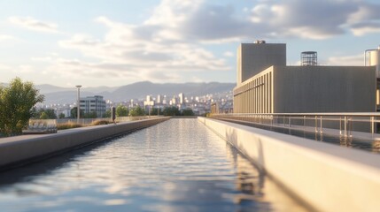A serene urban landscape with a reflective water feature and modern architecture.