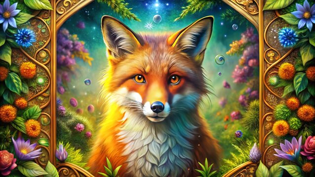Intricate Lenormand Fox Card Design with Mystical Elements and Symbolism in Vivid Colors