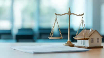 A balance scale symbolizing justice alongside a miniature house model, representing legal matters related to real estate transactions and property rights.