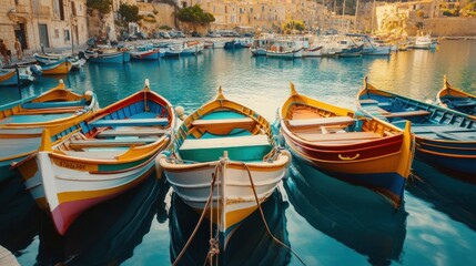 Colorful boats docked in a serene harbor reflecting the vibrant surroundings.