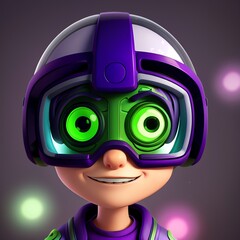 a cartoon character with a purple helmet and green eyes.