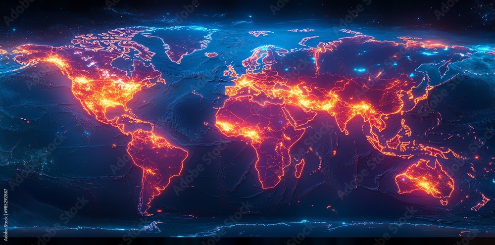 Poster A stylized digital representation of the world map with glowing continents against a blue background.