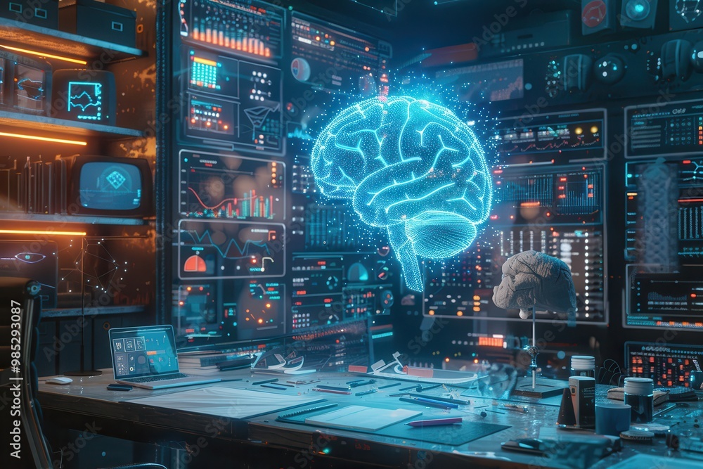 Poster a computer monitor displays a brain with a blue glow
