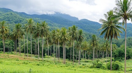 Obraz premium Lush green landscape with palm trees and mountains in the background under a cloudy sky.