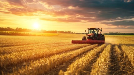 Fototapeta premium Tractor Harvesting Wheat Field at Sunset
