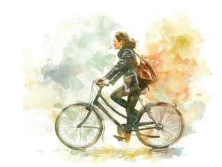 Watercolor painting of a woman riding a bicycle. Use for background illustrations, posters, postcards