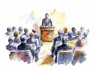 Watercolor painting of a meeting leader giving a lecture in a conference room to executives in attendance.