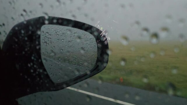 Driving in heavy rain on the road in rural, Lopburi, Thailand.