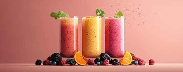 Colorful smoothies with berries and citrus on a soft pink background.