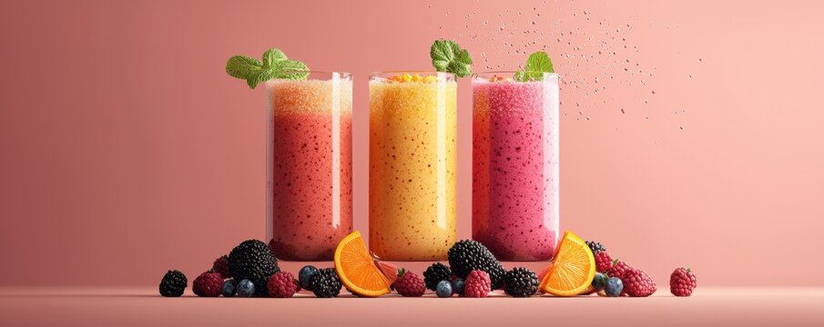 Colorful smoothies with berries and citrus on a soft pink background.
