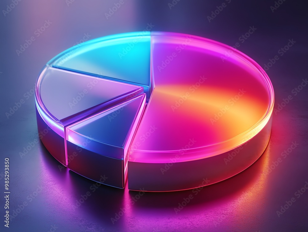 Poster a vibrant, three-dimensional pie chart with four sections, each glowing with neon colors.
