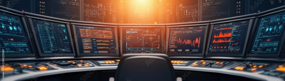 Poster futuristic control room with advanced monitors and glowing interface elements.