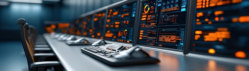 Futuristic control room with advanced screens and technology, dark ambiance.