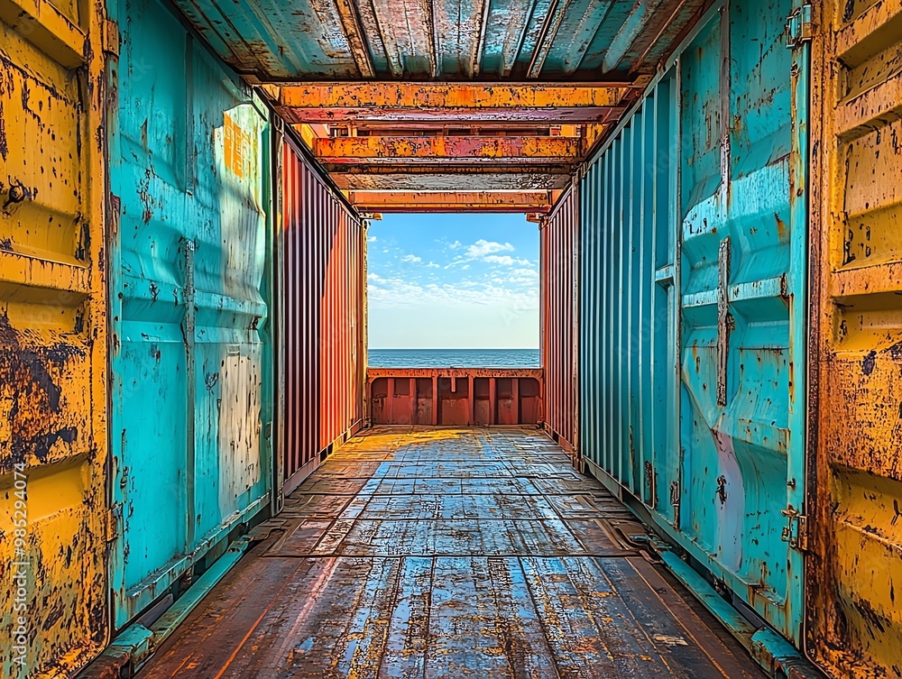 Aufkleber A view of the ocean through the open doors of a rusty shipping container.
