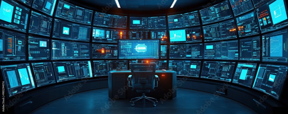Poster high-tech control room with multiple screens and modern workstation.