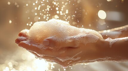 Fototapeta premium Close up of hands covered in foamy bubbles, with water droplets falling on them.