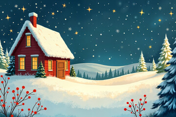 Picturesque winter scene with a red house, snow-covered trees, and a starry sky filled with falling snowflakes.