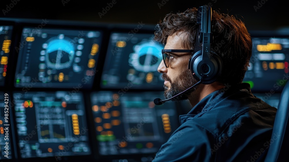 Poster man with headset operates high-tech control panel, focused on screens.