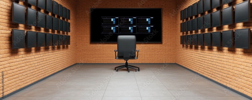 Aufkleber modern control room with multiple screens and a central chair for monitoring tasks.