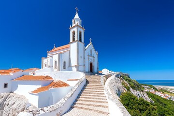 Obraz premium The historic church of Nossa Senhora da NazarÃ©, standing proudly on the hilltop overlooking the town