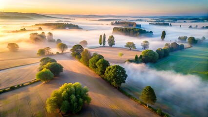 Obraz premium Aerial view of beautiful farmland at dawn with fog 