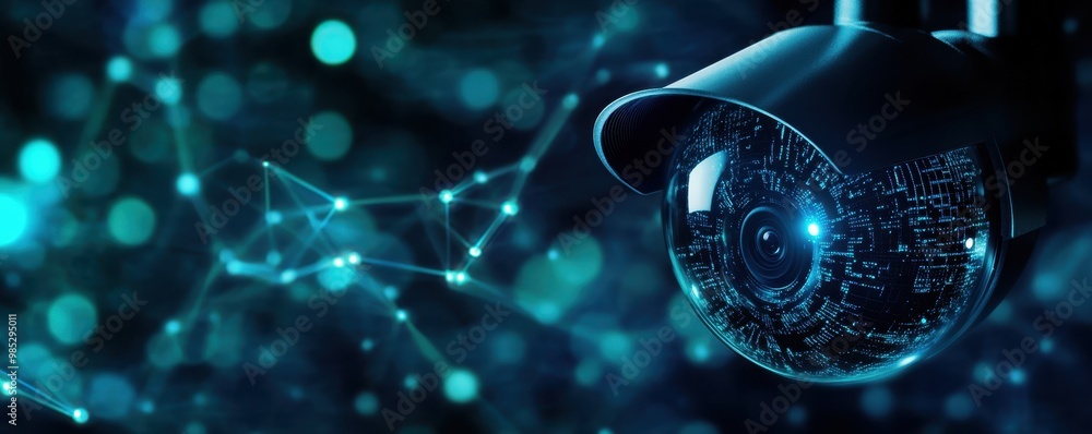 Poster surveillance camera on a digital background with abstract technology design.