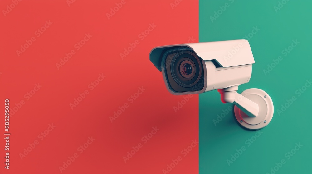 Poster surveillance camera on colorful backdrop, isolated image for security concept.