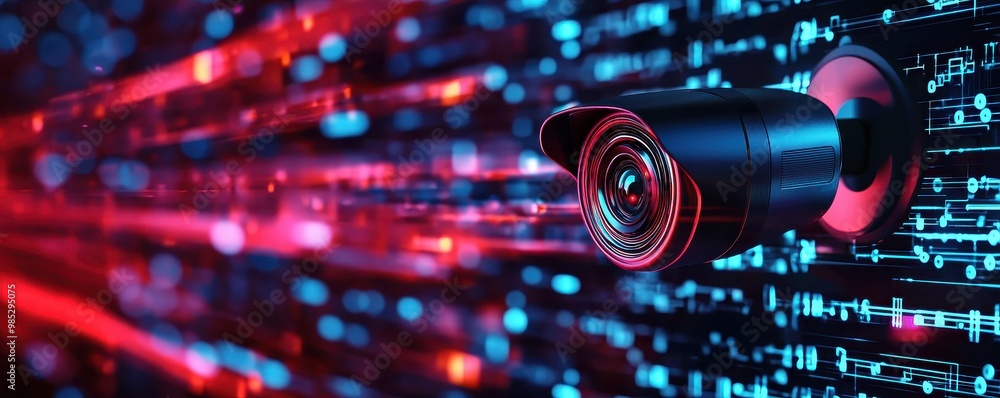 Poster surveillance camera with digital data streams, futuristic technology concept.